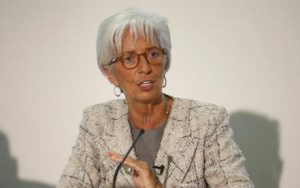 Christine Lagarde, Managing Director of the IMF, answers a question during a press conference, at the Treasury in London