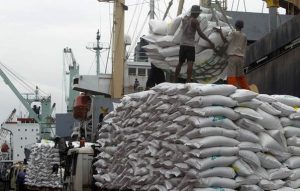 Workers unload 42,494 tonnes of Thai rice at the Tanjung Priok harbour in Jakarta
