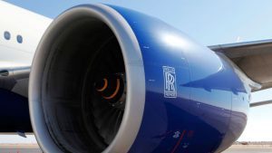 A Rolls Royce engine on a commercial airliner.