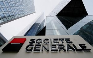 FILE PHOTO:The logo of the French bank Societe Generale is seen in front of the bank’s headquarters building at La Defense business and financial district in Courbevoie near Paris