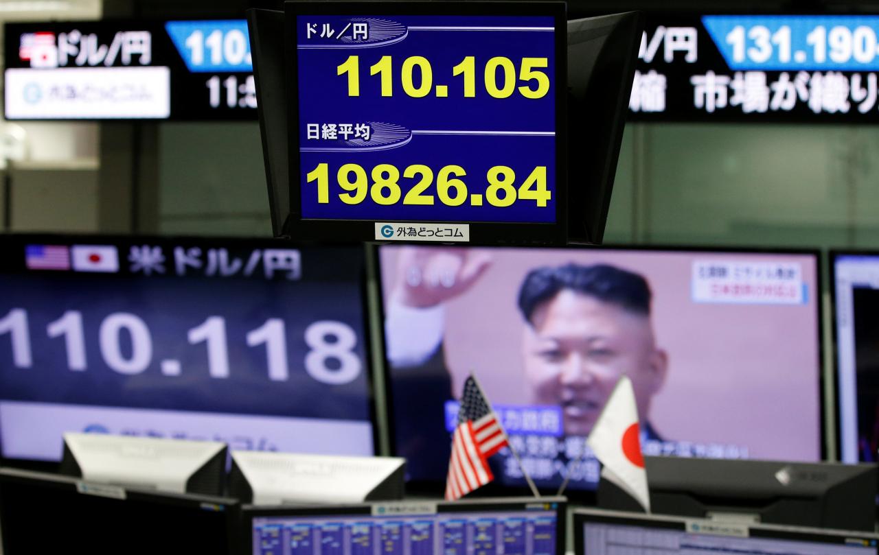 Monitors showing TV news on North Korea’s missile launch, the Japanese yen’s exchange rate against the U.S. dollar and Japan’s Niikei share average are seen at a foreign exchange trading company in Tokyo