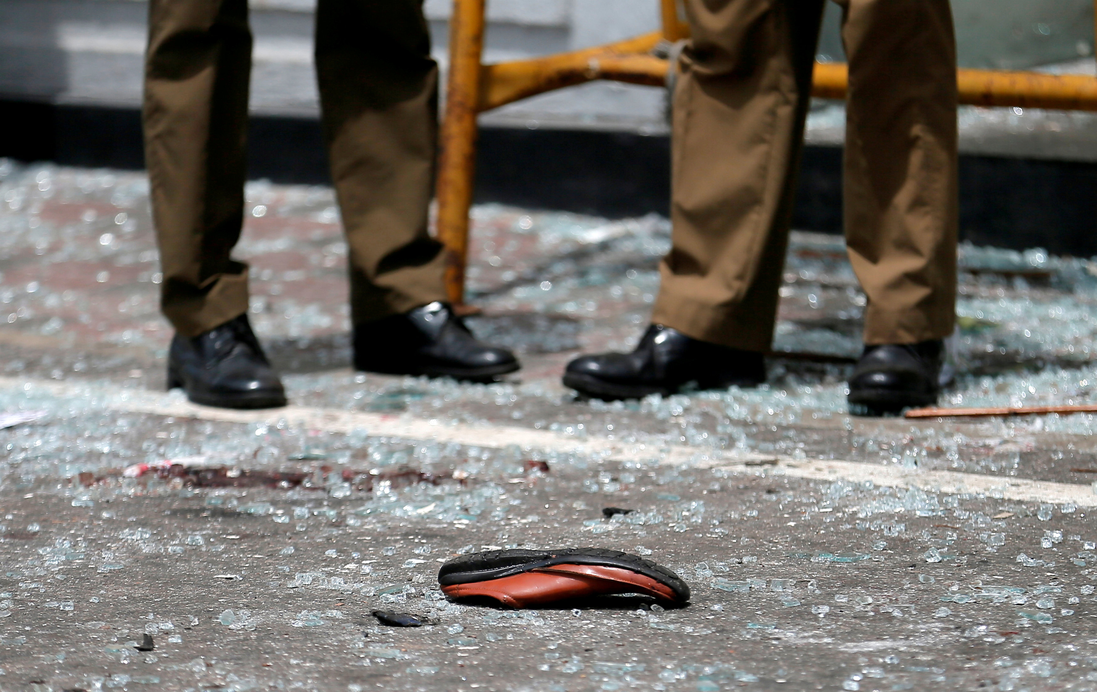 A shoe of a victim is seen in front of the St. Anthony’s Shrine, Kochchikade church after an explosion in Colombo