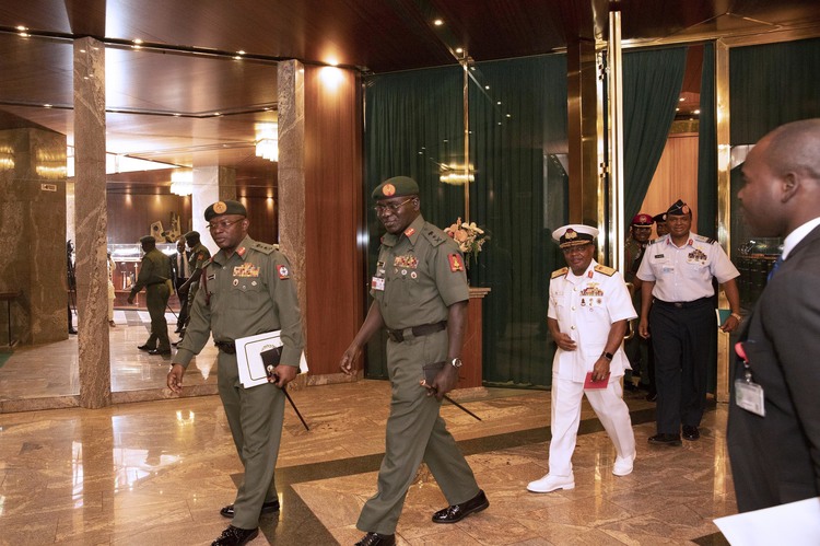 Service Chiefs In Nigeria - Buhari/Service Chiefs: Lawyers vow to render pro-bono service to protect Nigeria's sovereignty - Abayomi olanisakin, accompanied by the chief of air staff, air marshal abubakar sadique and chief of naval staff, rear admiral.