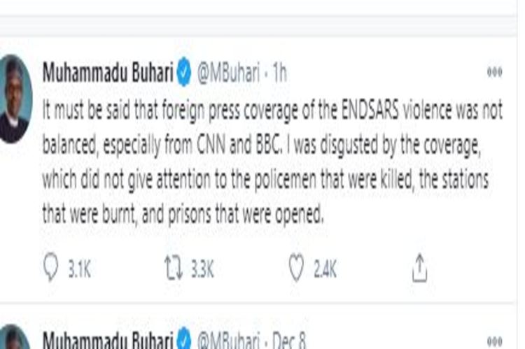 President Buhari expresses disgust over coverage of #ENDSARS protest by CNN, BBC
