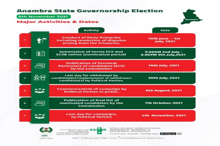 Anambra Governorship Election To Hold On November 6th 2021 Inec