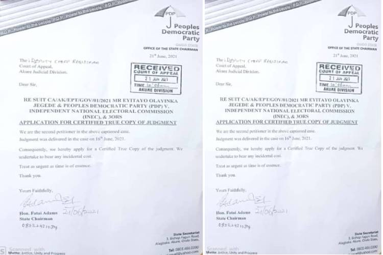 Ondo PDP formally requests for copies of Appellate Court Judgment