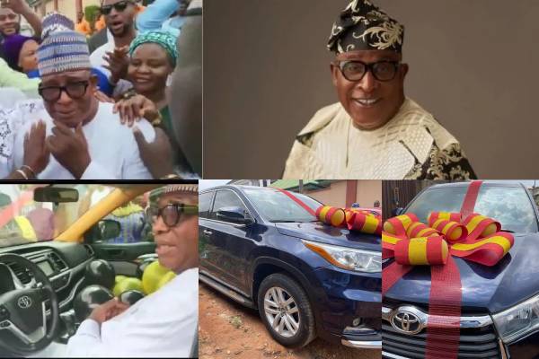 Veteran actor Oga Bello in tears as children gift him SUV