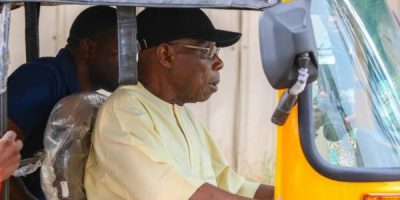 Oppurtunities: Obasanjo rides Tricycle, urges youths on business