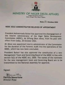NDDC's sole administrator of duties