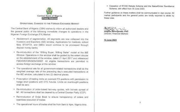 Central Bank of Nigeria floats Naira at I&E window of Forex