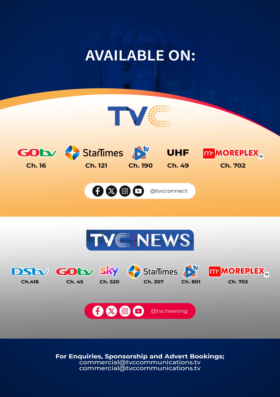 TV Rate Card for TVC & TVCNews