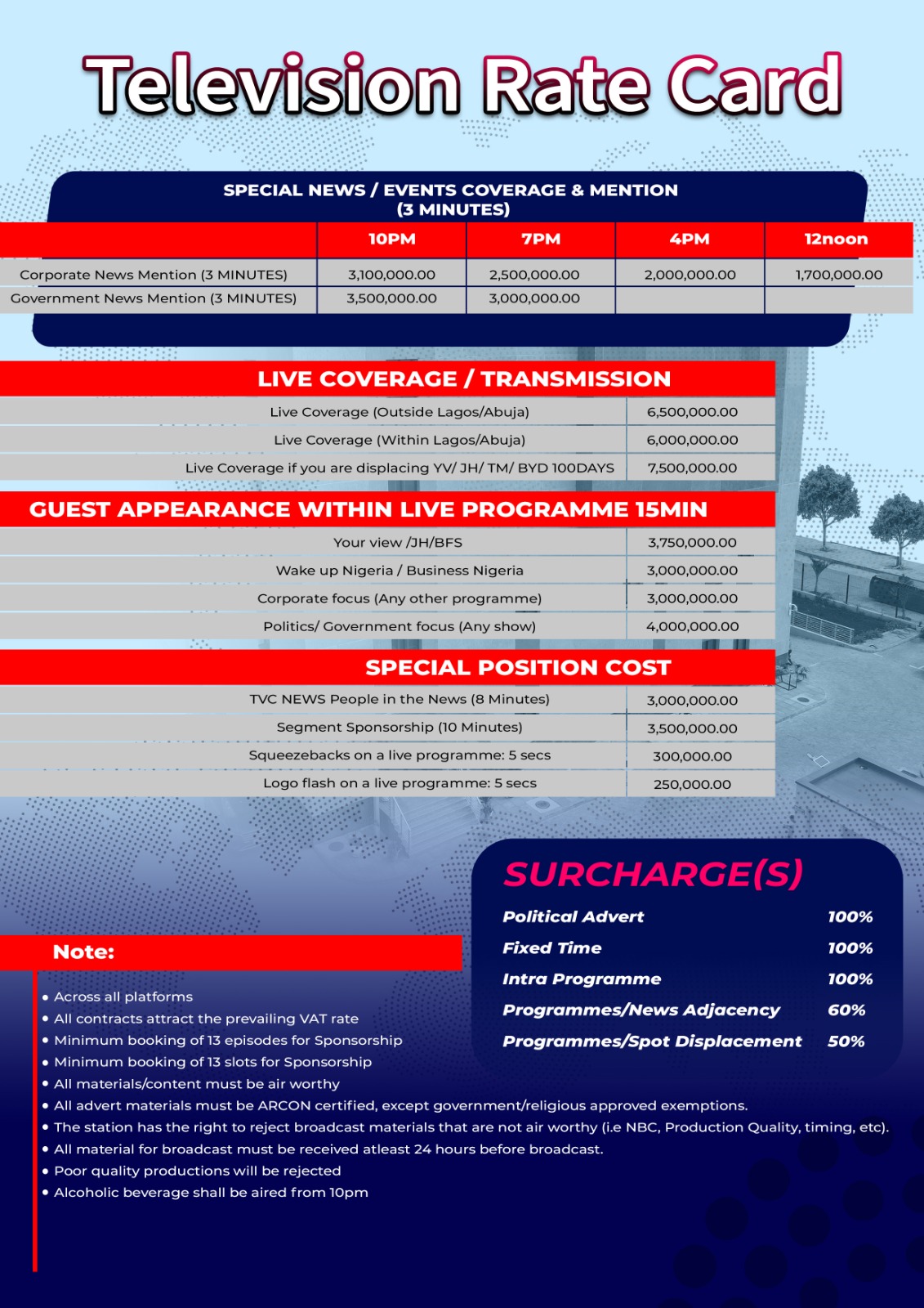 TV Rate Card for TVC & TVCNews