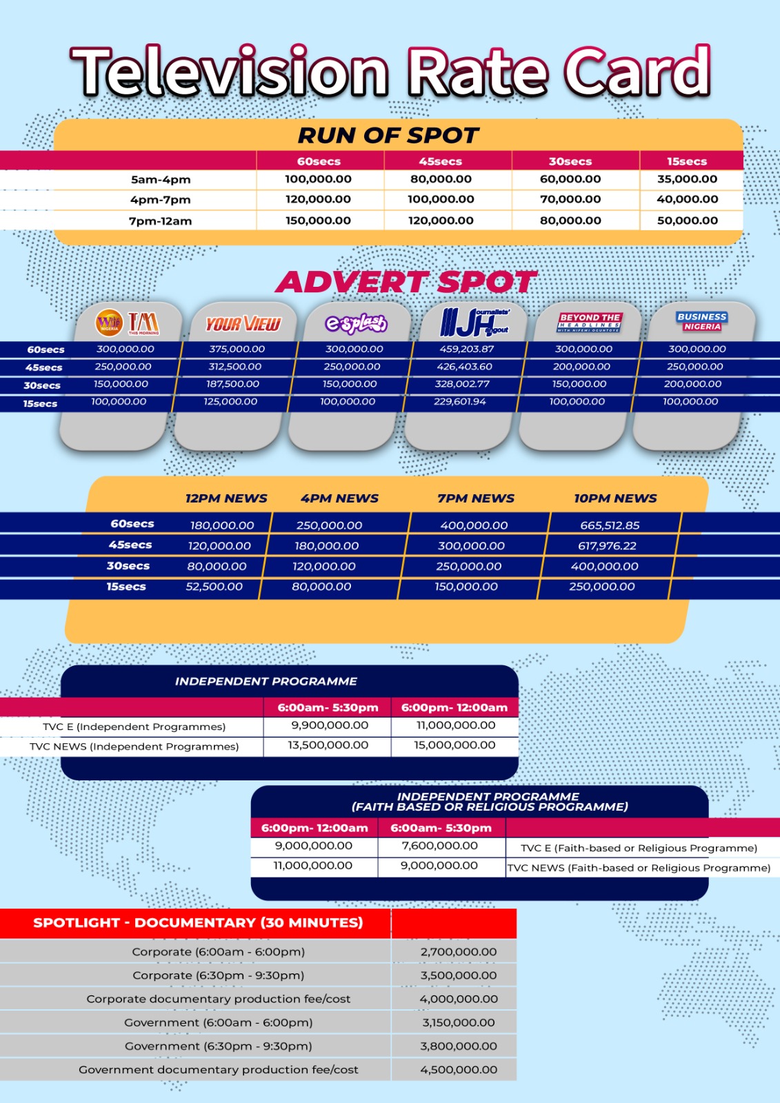 TV Rate Card for TVC & TVCNews