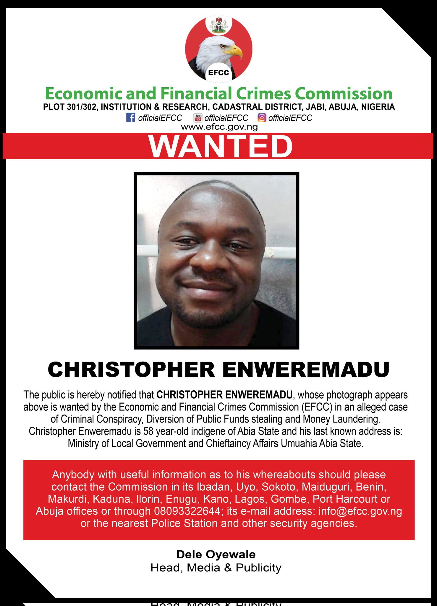 EFCC declares ex-Abia commissioner and another wanted over alleged fraud