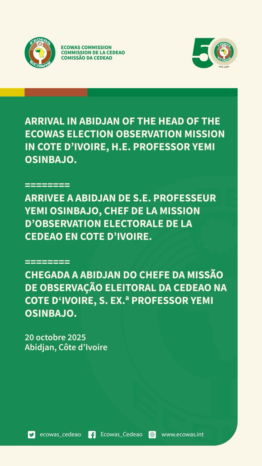 Osinbajo Arrives In Abidjan As Head Of ECOWAS Election Mission
